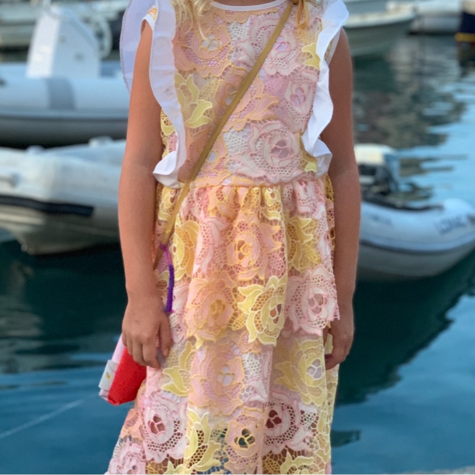 Paade Mode Dress Yellow And Pink With White Trim Size 8